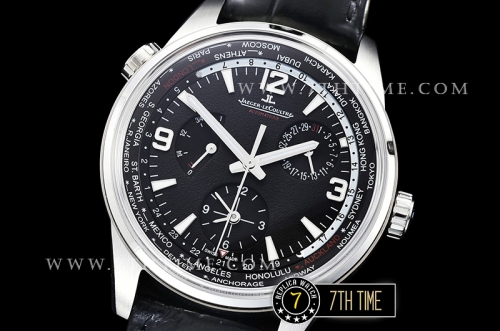 Jaeger Lecoultre Polaris Geographic Black Dial Stick Markers Black Croc Print Calf Leather Strap