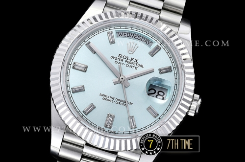 DayDate 228206 Fluted Bezel SS/SS Ice Blue Dial Baugette Diamond Markers A3255 Mod