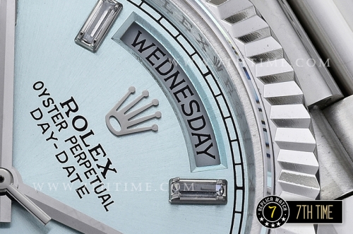 DayDate 228206 Fluted Bezel SS/SS Ice Blue Dial Baugette Diamond Markers A3255 Mod