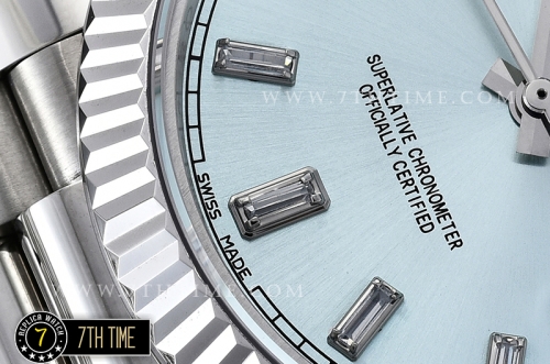 DayDate 228206 Fluted Bezel SS/SS Ice Blue Dial Baugette Diamond Markers A3255 Mod