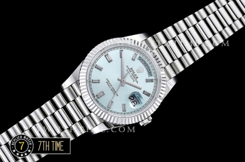 DayDate 228206 Fluted Bezel SS/SS Ice Blue Dial Baugette Diamond Markers A3255 Mod