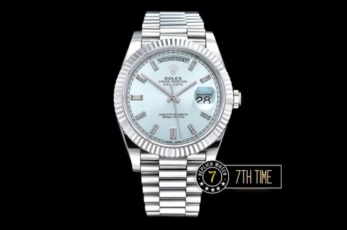 DayDate 228206 Fluted Bezel SS/SS Ice Blue Dial Baugette Diamond Markers A3255 Mod