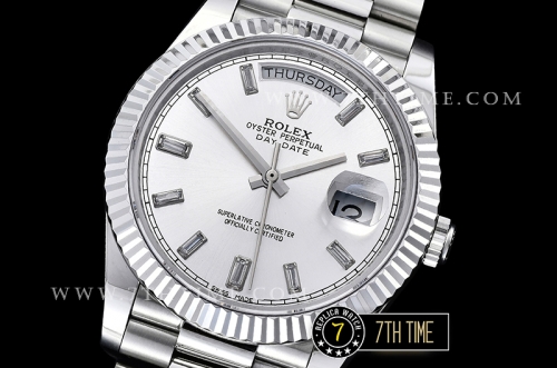 DayDate 228206 Fluted Bezel SS/SS White Dial Baugette Diamond Markers A3255 Mod