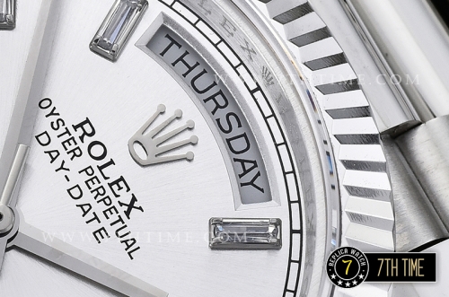 DayDate 228206 Fluted Bezel SS/SS White Dial Baugette Diamond Markers A3255 Mod