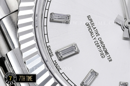 DayDate 228206 Fluted Bezel SS/SS White Dial Baugette Diamond Markers A3255 Mod