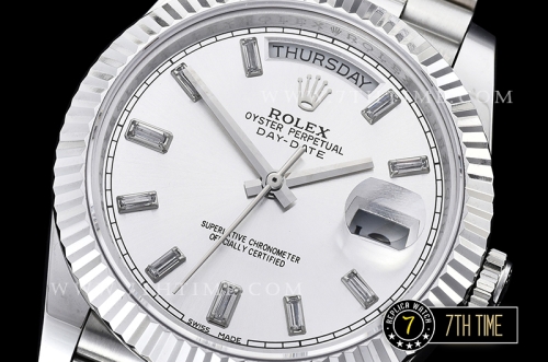 DayDate 228206 Fluted Bezel SS/SS White Dial Baugette Diamond Markers A3255 Mod