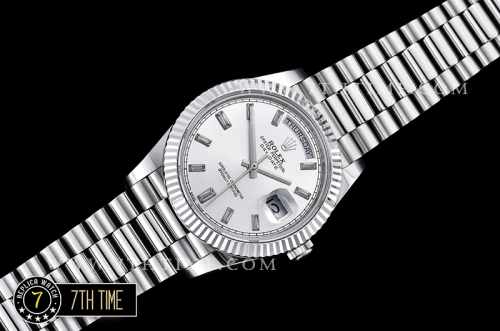 DayDate 228206 Fluted Bezel SS/SS White Dial Baugette Diamond Markers A3255 Mod