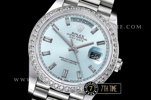 DayDate 228206 Diamonds Bezel SS/SS Ice Blue Dial Baugette Diamond Markers A3255 Mod