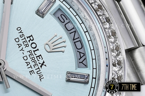 DayDate 228206 Diamonds Bezel SS/SS Ice Blue Dial Baugette Diamond Markers A3255 Mod