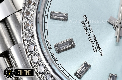 DayDate 228206 Diamonds Bezel SS/SS Ice Blue Dial Baugette Diamond Markers A3255 Mod