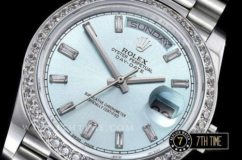 DayDate 228206 Diamonds Bezel SS/SS Ice Blue Dial Baugette Diamond Markers A3255 Mod