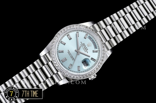 DayDate 228206 Diamonds Bezel SS/SS Ice Blue Dial Baugette Diamond Markers A3255 Mod