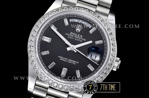 DayDate 228206 Diamonds Bezel SS/SS Black Dial Baugette Diamond Markers A3255 Mod