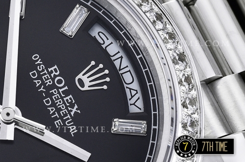 DayDate 228206 Diamonds Bezel SS/SS Black Dial Baugette Diamond Markers A3255 Mod