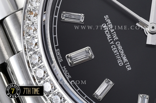 DayDate 228206 Diamonds Bezel SS/SS Black Dial Baugette Diamond Markers A3255 Mod