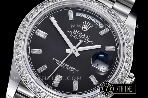 DayDate 228206 Diamonds Bezel SS/SS Black Dial Baugette Diamond Markers A3255 Mod