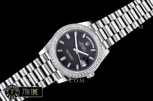 DayDate 228206 Diamonds Bezel SS/SS Black Dial Baugette Diamond Markers A3255 Mod