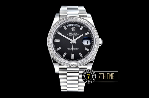 DayDate 228206 Diamonds Bezel SS/SS Black Dial Baugette Diamond Markers A3255 Mod