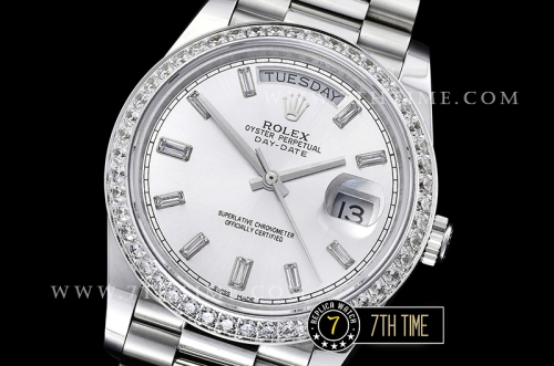 DayDate 228206 Diamonds Bezel SS/SS Silver White Dial Baugette Diamond Markers A3255 Mod