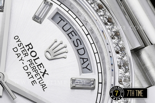 DayDate 228206 Diamonds Bezel SS/SS Silver White Dial Baugette Diamond Markers A3255 Mod