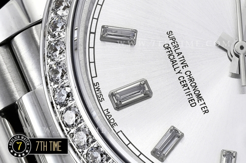DayDate 228206 Diamonds Bezel SS/SS Silver White Dial Baugette Diamond Markers A3255 Mod