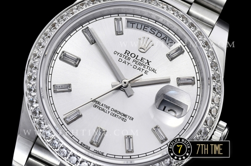 DayDate 228206 Diamonds Bezel SS/SS Silver White Dial Baugette Diamond Markers A3255 Mod