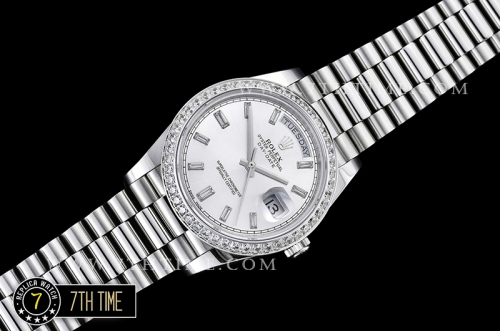 DayDate 228206 Diamonds Bezel SS/SS Silver White Dial Baugette Diamond Markers A3255 Mod