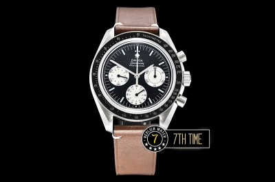 SpeedMaster Alaska Project III Black Metallic Tachymeter Bezel with Numerals Black Dial with White Subdials Brown Vintage Style Leather Strap