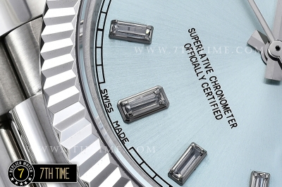 DayDate 228206 Fluted Bezel SS/SS Ice Blue Dial Baugette Diamond Markers A3255 Mod