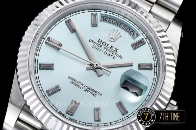 DayDate 228206 Fluted Bezel SS/SS Ice Blue Dial Baugette Diamond Markers A3255 Mod