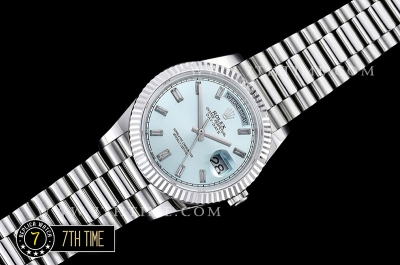 DayDate 228206 Fluted Bezel SS/SS Ice Blue Dial Baugette Diamond Markers A3255 Mod