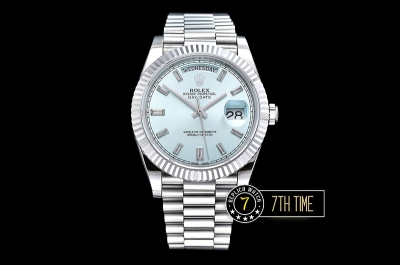DayDate 228206 Fluted Bezel SS/SS Ice Blue Dial Baugette Diamond Markers A3255 Mod