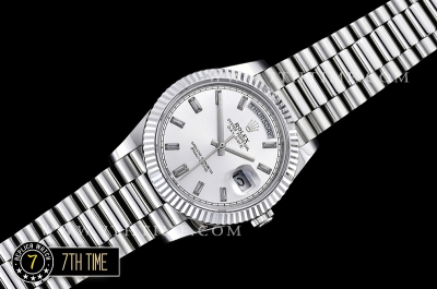 DayDate 228206 Fluted Bezel SS/SS White Dial Baugette Diamond Markers A3255 Mod