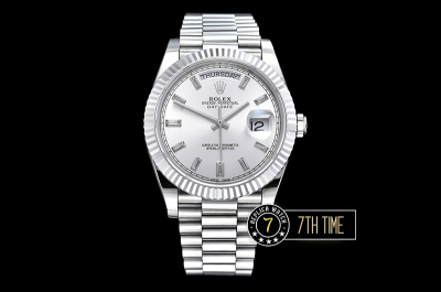 DayDate 228206 Fluted Bezel SS/SS White Dial Baugette Diamond Markers A3255 Mod