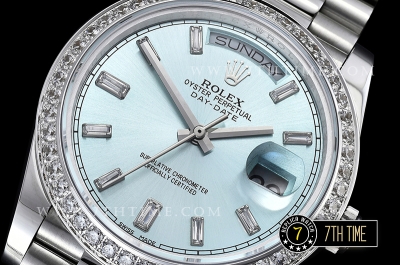 DayDate 228206 Diamonds Bezel SS/SS Ice Blue Dial Baugette Diamond Markers A3255 Mod