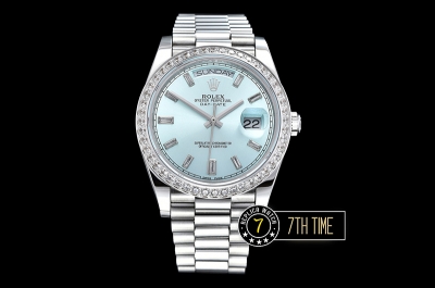 DayDate 228206 Diamonds Bezel SS/SS Ice Blue Dial Baugette Diamond Markers A3255 Mod