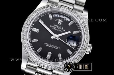 DayDate 228206 Diamonds Bezel SS/SS Black Dial Baugette Diamond Markers A3255 Mod