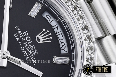 DayDate 228206 Diamonds Bezel SS/SS Black Dial Baugette Diamond Markers A3255 Mod