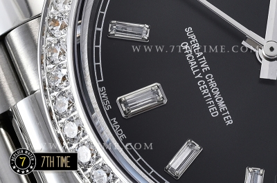 DayDate 228206 Diamonds Bezel SS/SS Black Dial Baugette Diamond Markers A3255 Mod