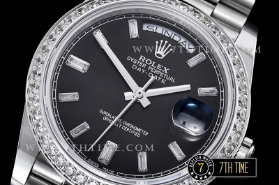 DayDate 228206 Diamonds Bezel SS/SS Black Dial Baugette Diamond Markers A3255 Mod