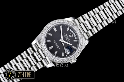 DayDate 228206 Diamonds Bezel SS/SS Black Dial Baugette Diamond Markers A3255 Mod