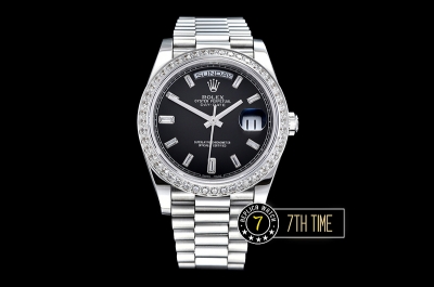 DayDate 228206 Diamonds Bezel SS/SS Black Dial Baugette Diamond Markers A3255 Mod