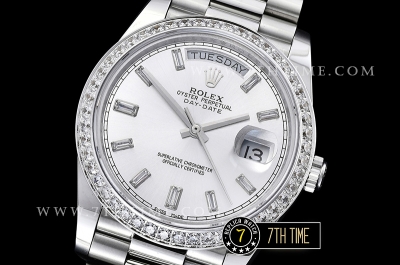 DayDate 228206 Diamonds Bezel SS/SS Silver White Dial Baugette Diamond Markers A3255 Mod