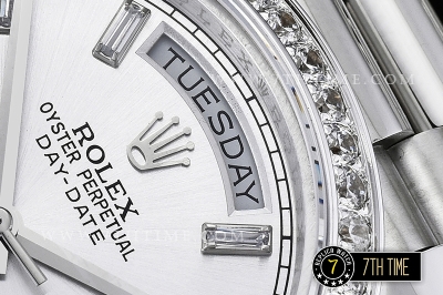 DayDate 228206 Diamonds Bezel SS/SS Silver White Dial Baugette Diamond Markers A3255 Mod