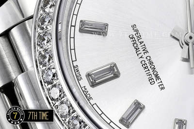 DayDate 228206 Diamonds Bezel SS/SS Silver White Dial Baugette Diamond Markers A3255 Mod