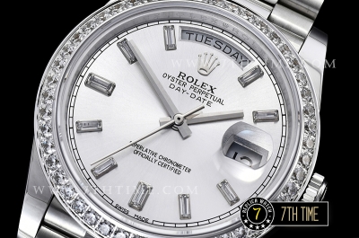 DayDate 228206 Diamonds Bezel SS/SS Silver White Dial Baugette Diamond Markers A3255 Mod