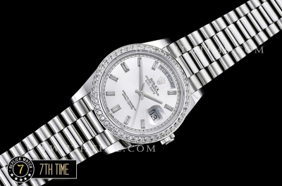 DayDate 228206 Diamonds Bezel SS/SS Silver White Dial Baugette Diamond Markers A3255 Mod