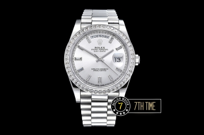 DayDate 228206 Diamonds Bezel SS/SS Silver White Dial Baugette Diamond Markers A3255 Mod